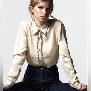 NWT Zara Cream Gem rinestone Collared Shirt. Size M